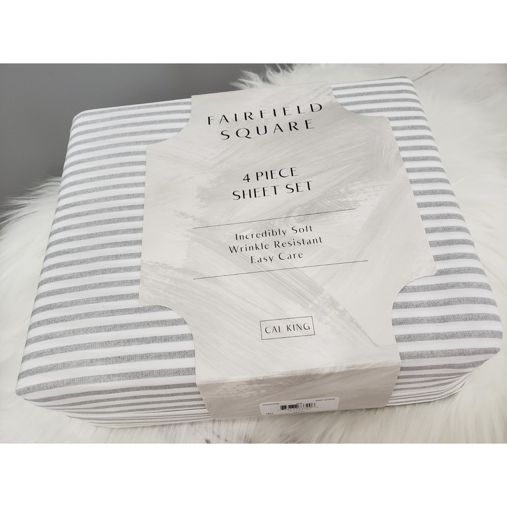 GRAY WHITE STRIPE FAIRFIELD SQUARE 4 PIECE SHEET SET CALIFORNIA KING CALI FITTED